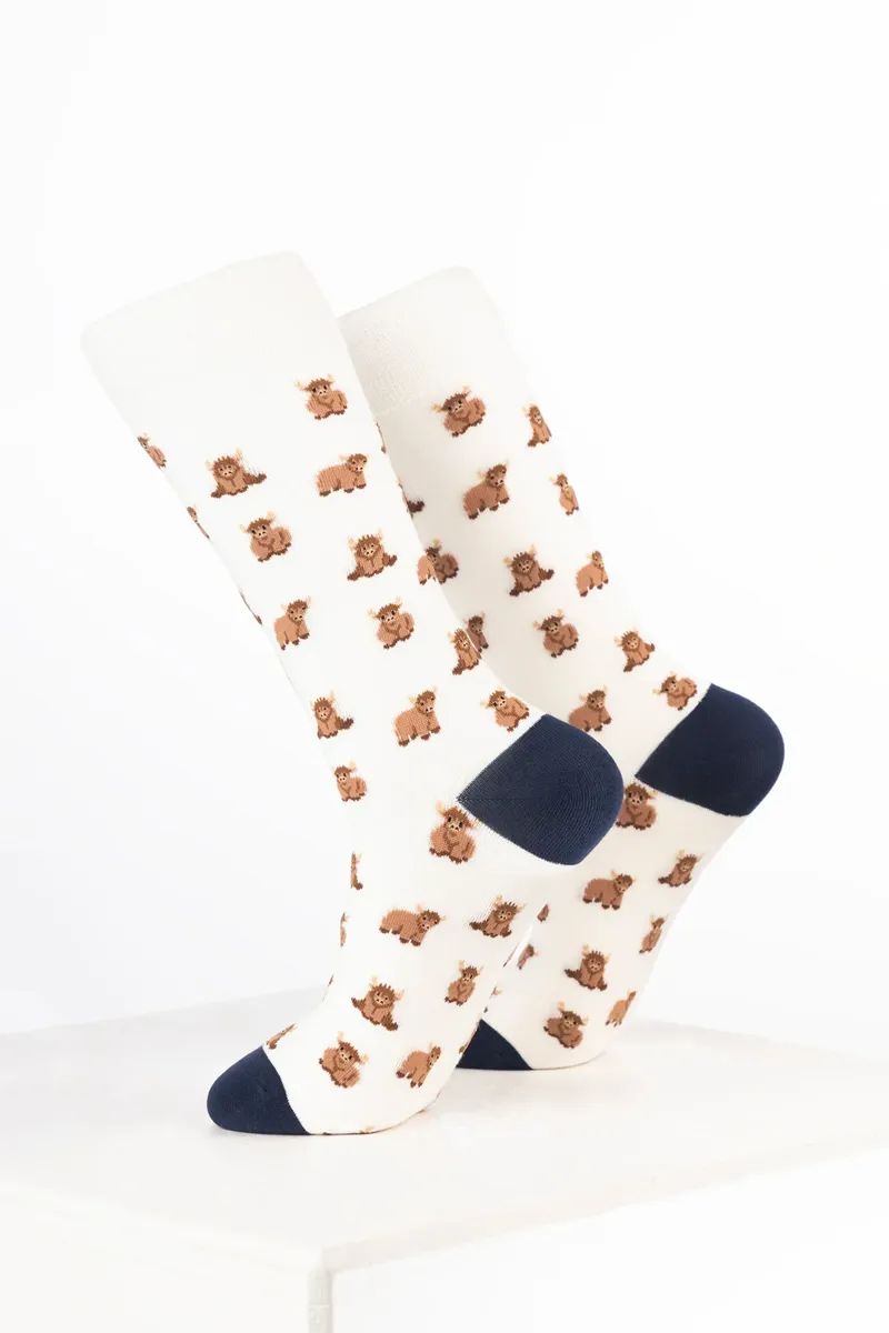 Rydale Womens Bamboo Rich Cow Ankle Socks Pack of 10 - Highland Cow Cream-1