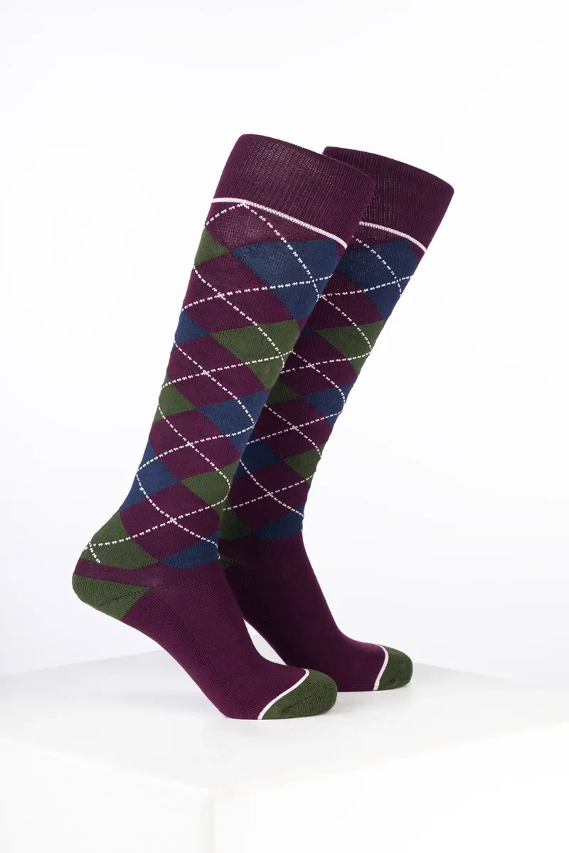 Rydale Junior Bamboo Rich Argyle Riding Socks Pack of Ten - Argyle Dark Berry/Navy/Dark Olive