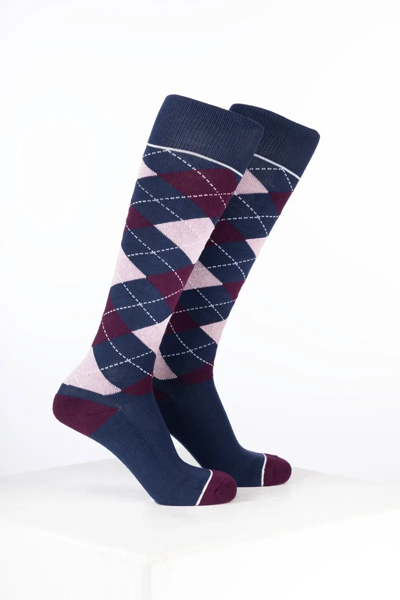 Rydale Junior Bamboo Rich Argyle Riding Socks Pack of Ten - Argyle Navy/Dark Berry/Soft Pink