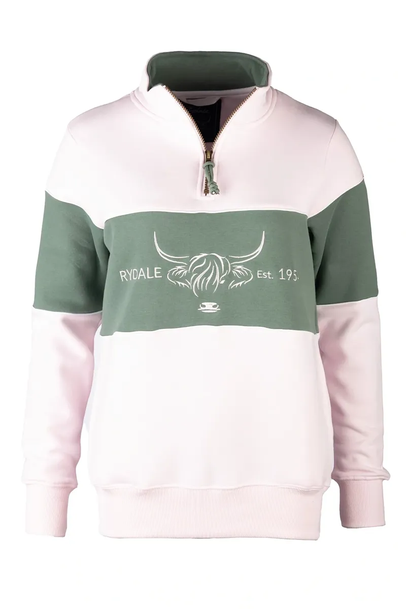 Rydale Ladies Byland Highland Cow Sweatshirt - Pale Pink/Thyme/Pale Pink