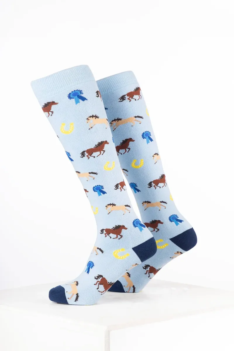 Rydale Kids Animal Welly Socks Pack of 10 - Pony and Rosette Soft Blue-1