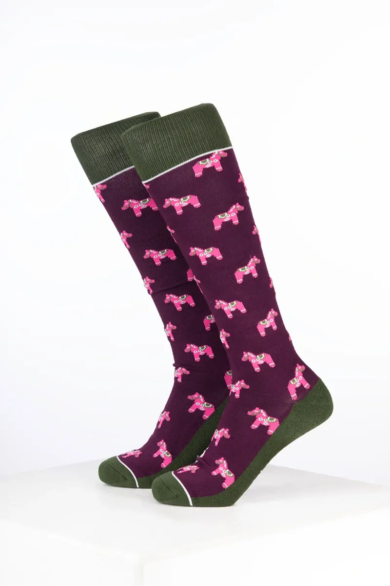 Rydale Womens Bamboo Rich Equestrian Print Riding Socks Pack of Ten - Pony Dark Berry-1