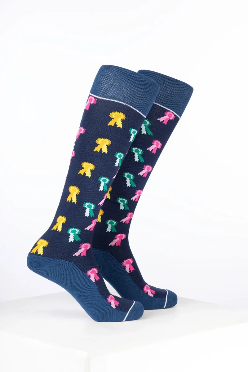Rydale Womens Bamboo Rich Equestrian Print Riding Socks Pack of Ten - Rosette Navy