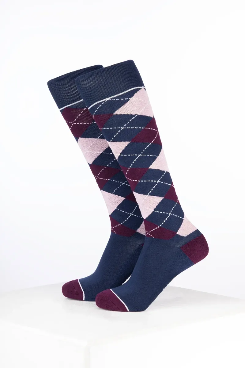 Rydale Junior Bamboo Rich Argyle Riding Socks Pack of Ten - Argyle Navy/Dark Berry/Soft Pink-1