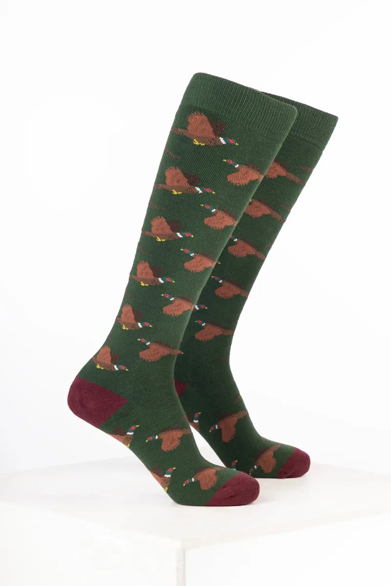 Rydale Men's Bird Welly Socks Pack of 10 - Flying Pheasant Dark Olive