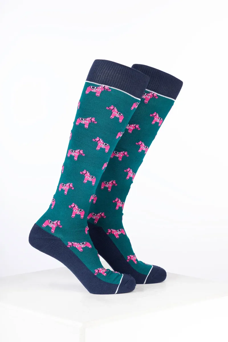 Rydale Womens Bamboo Rich Equestrian Print Riding Socks Pack of Ten - Pony Green