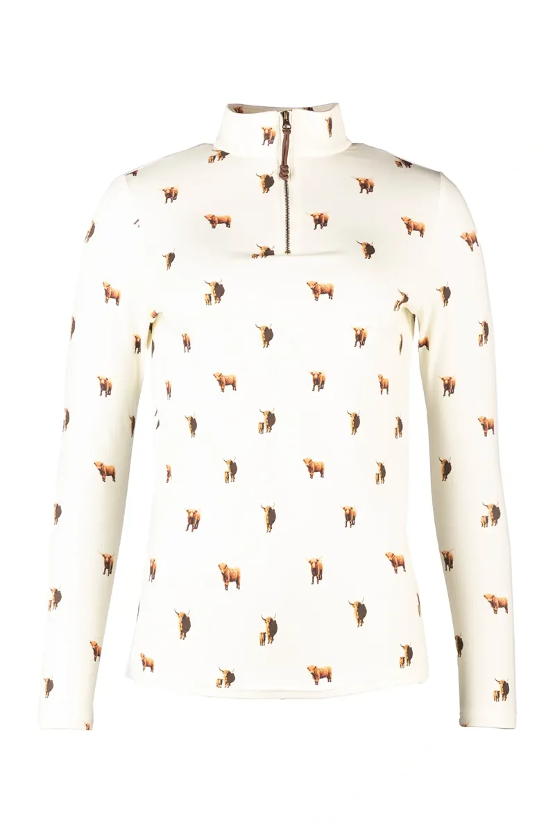 Rydale Ladies Foxholes Long Sleeved 1/4 Zip Top - Highland Cow