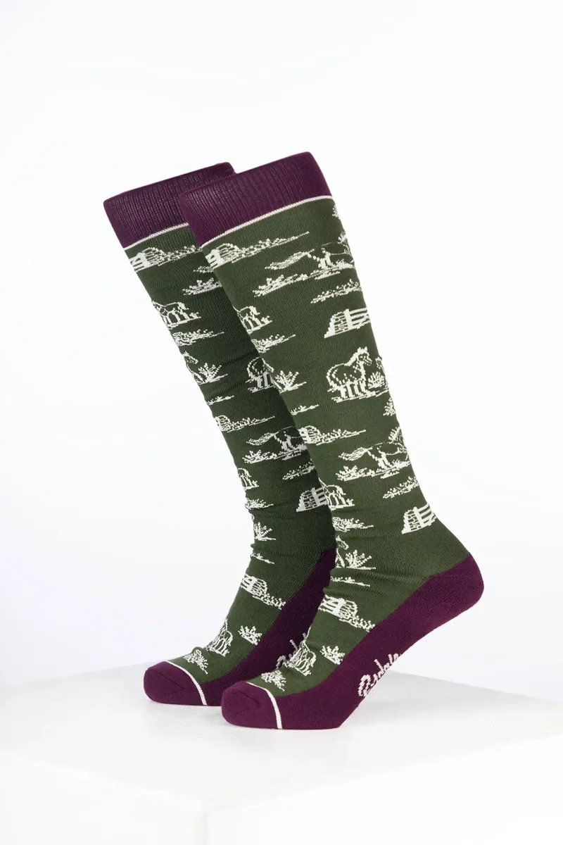 Rydale Womens Bamboo Rich Equestrian Print Riding Socks Pack of Ten - Equestrian Life Dark Olive-1