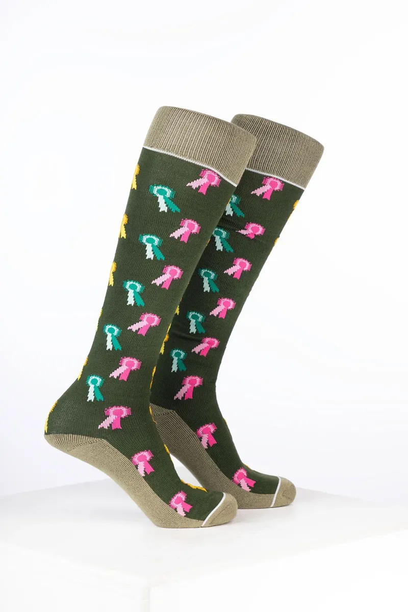 Rydale Womens Bamboo Rich Equestrian Print Riding Socks Pack of Ten - Rosette Dark Olive