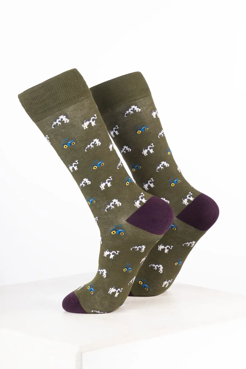 Rydale Women's Bamboo Rich Farm Ankle Socks Pack of 10 - Tractor and Cow Dark Olive-1