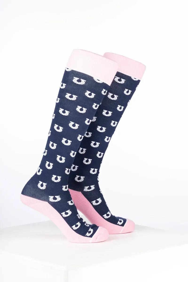 Rydale Womens Bamboo Rich Equestrian Print Riding Socks Pack of Ten - Horseshoe Navy