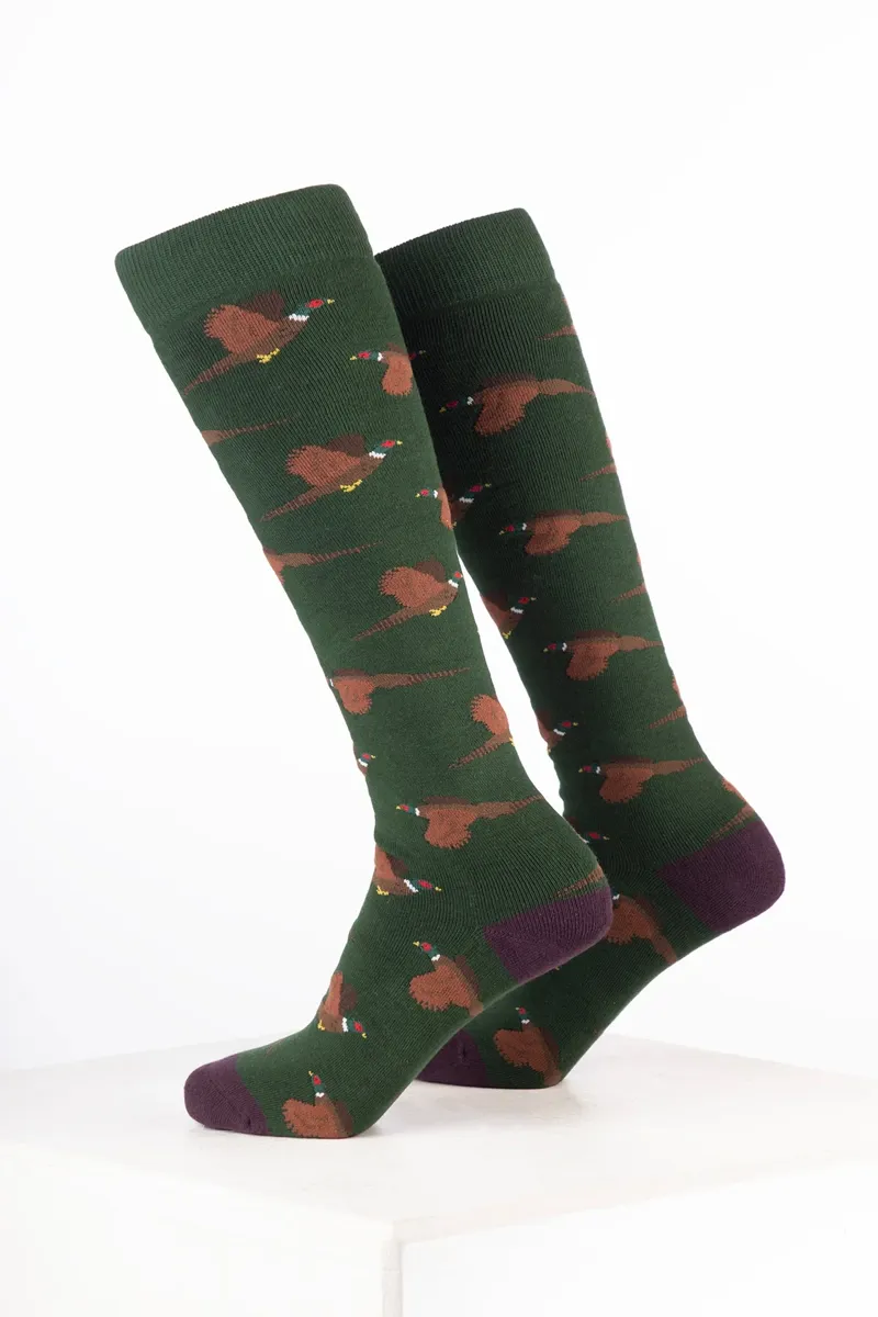 Rydale Women's Bird Welly Socks Pack of 10 - Flying Pheasant Dark Olive-1