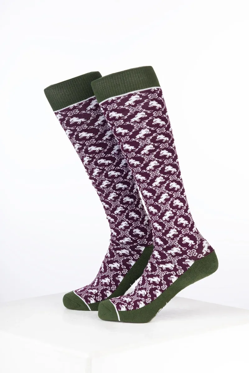 Rydale Womens Bamboo Rich Equestrian Print Riding Socks Pack of Ten - Horse and Snaffle Dark Berry-1