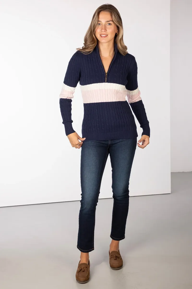 Rydale Ladies Bramham Striped Quarter Zip Jumper - Navy-4