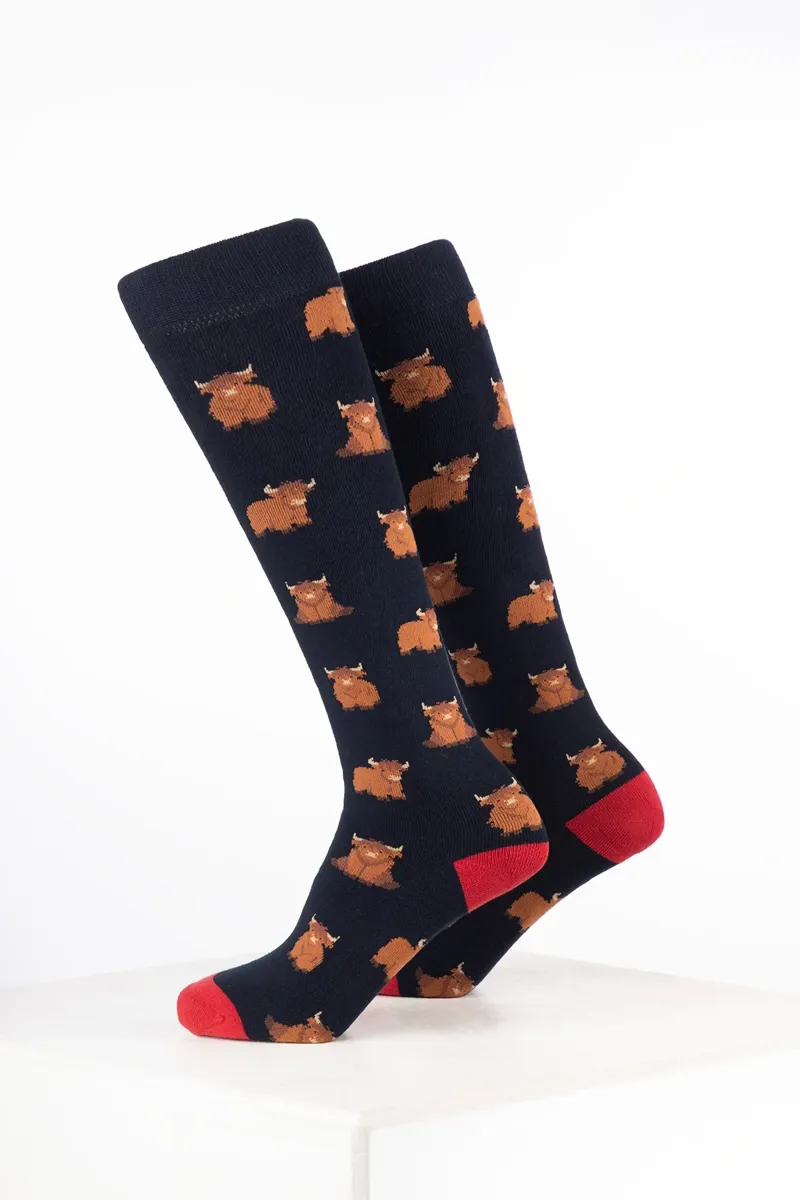 Rydale Kids Animal Welly Socks Pack of 10 - Highland Cow Navy-1