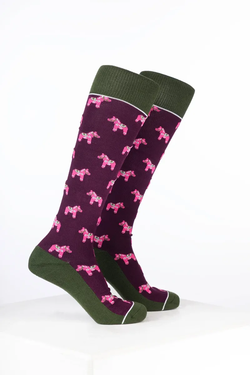 Rydale Womens Bamboo Rich Equestrian Print Riding Socks Pack of Ten - Pony Dark Berry