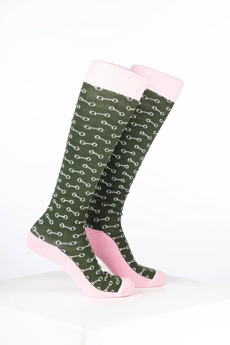 Rydale Womens Bamboo Rich Equestrian Print Riding Socks Pack of Ten - Snaffle Dark Olive