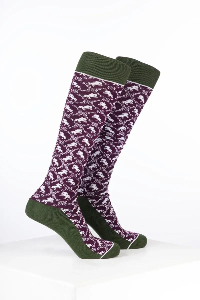 Rydale Womens Bamboo Rich Equestrian Print Riding Socks Pack of Ten - Horse and Snaffle Dark Berry