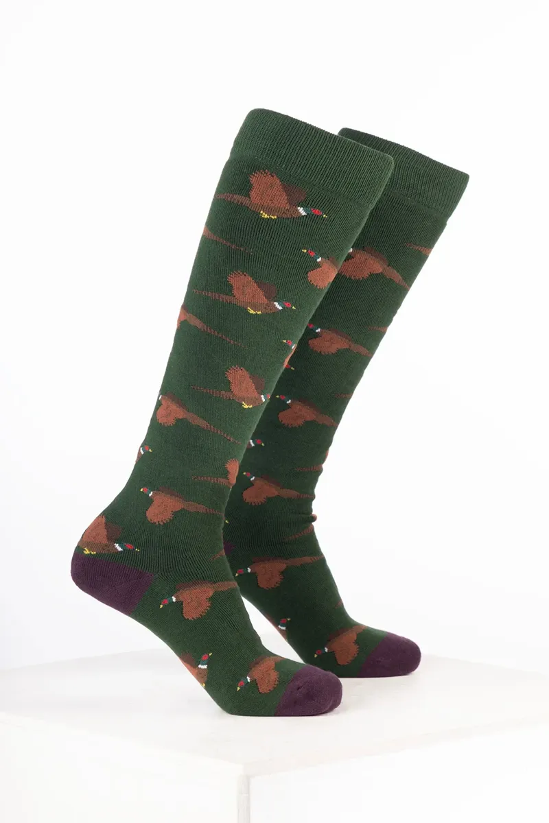 Rydale Women's Bird Welly Socks Pack of 10 - Flying Pheasant Dark Olive