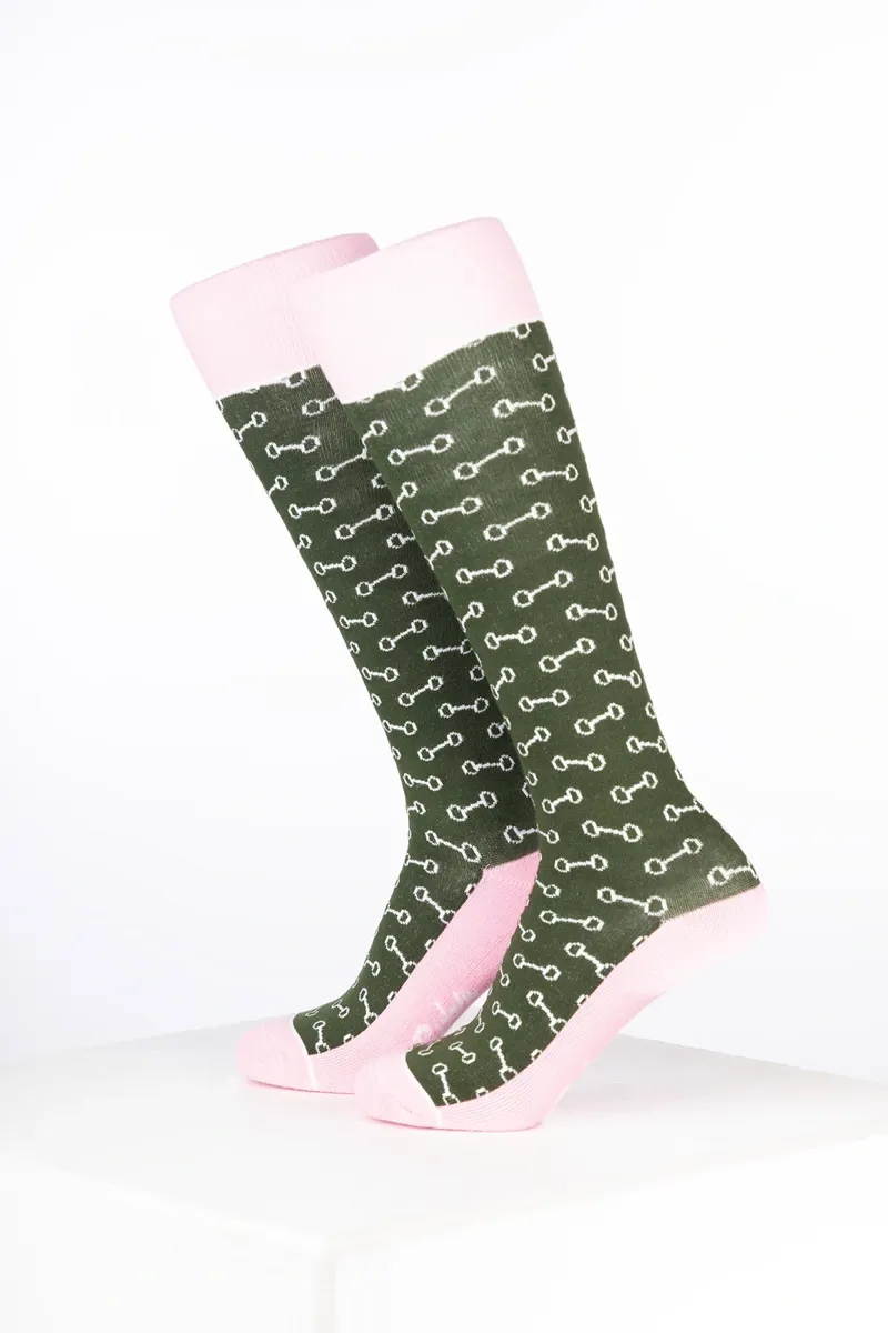 Rydale Junior Bamboo Rich Equestrian Print Riding Socks Pack of Ten - Snaffle Dark Olive-1