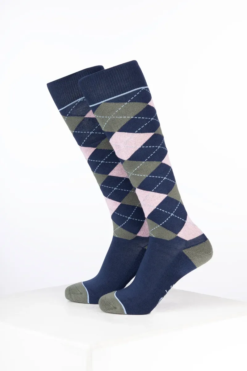 Rydale Junior Bamboo Rich Argyle Riding Socks Pack of Ten - Argyle Navy/Soft Pink/Thyme-1