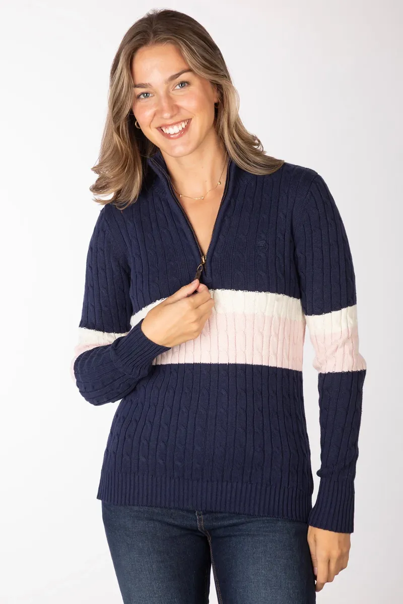 Rydale Ladies Bramham Striped Quarter Zip Jumper - Navy-2