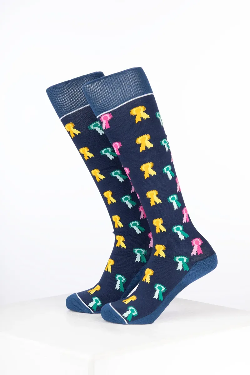 Rydale Womens Bamboo Rich Equestrian Print Riding Socks Pack of Ten - Rosette Navy-1