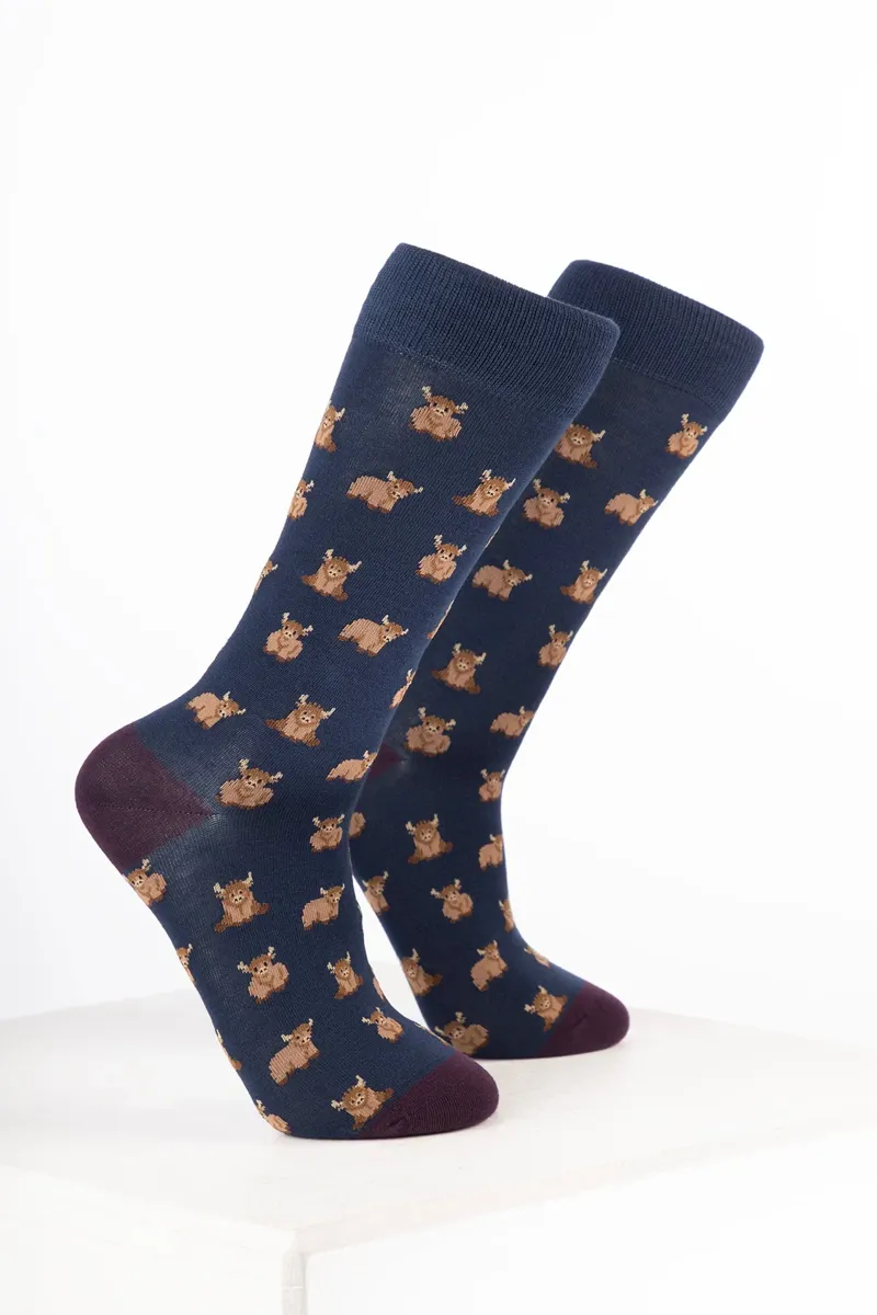 Rydale Womens Bamboo Rich Cow Ankle Socks Pack of 10 - Highland Cow Navy