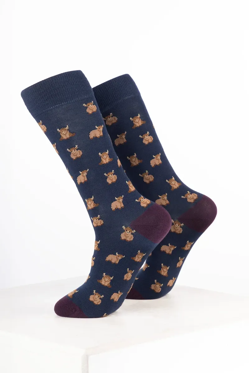 Rydale Womens Bamboo Rich Cow Ankle Socks Pack of 10 - Highland Cow Navy-1