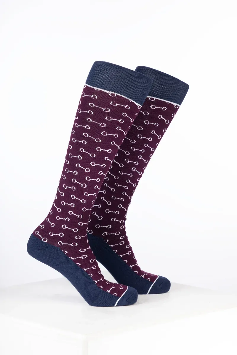 Rydale Womens Bamboo Rich Equestrian Print Riding Socks Pack of Ten - Snaffle Dark Berry