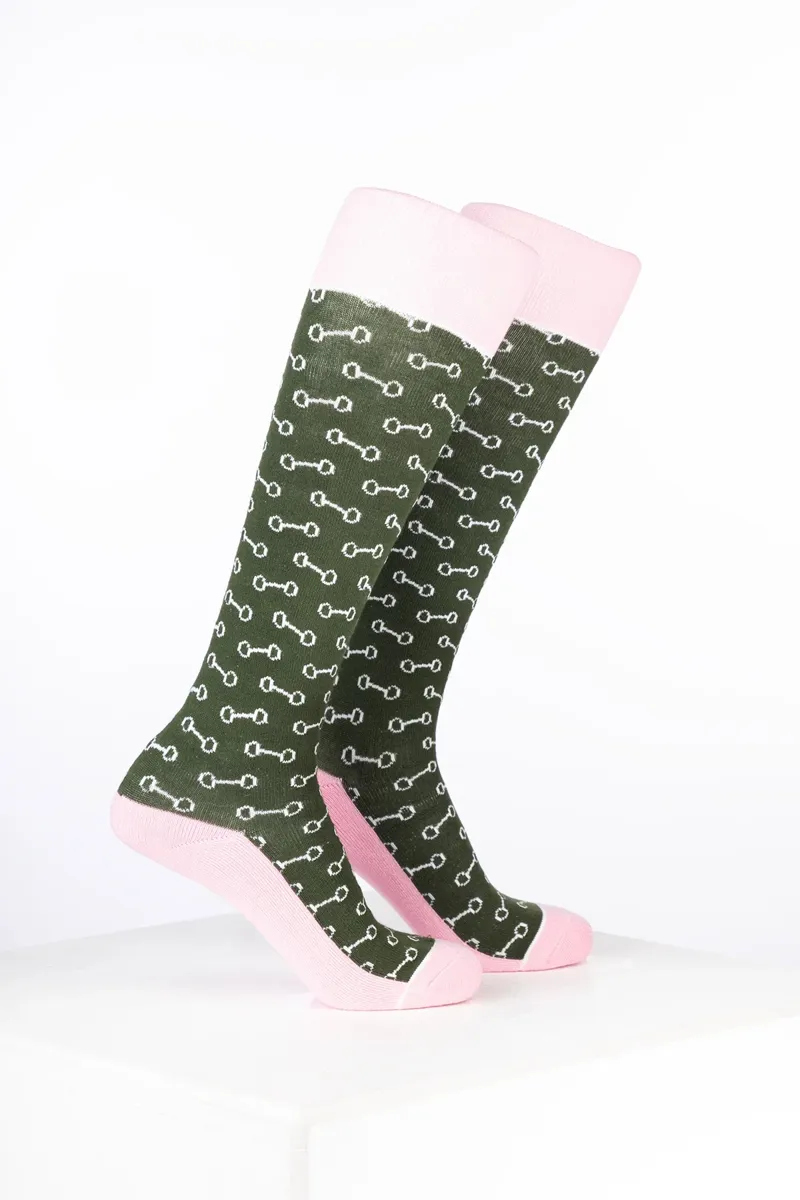 Rydale Junior Bamboo Rich Equestrian Print Riding Socks Pack of Ten - Snaffle Dark Olive