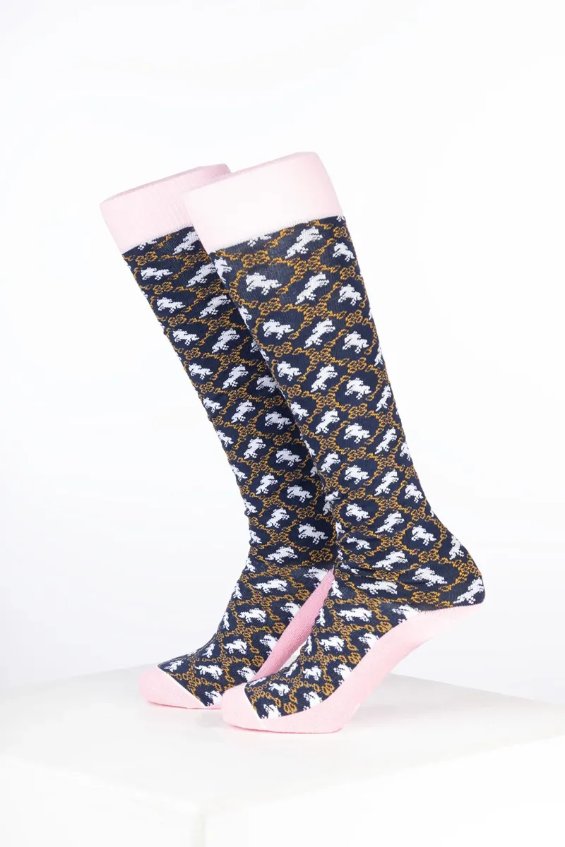 Rydale Womens Bamboo Rich Equestrian Print Riding Socks Pack of Ten - Horse and Snaffle Navy-1