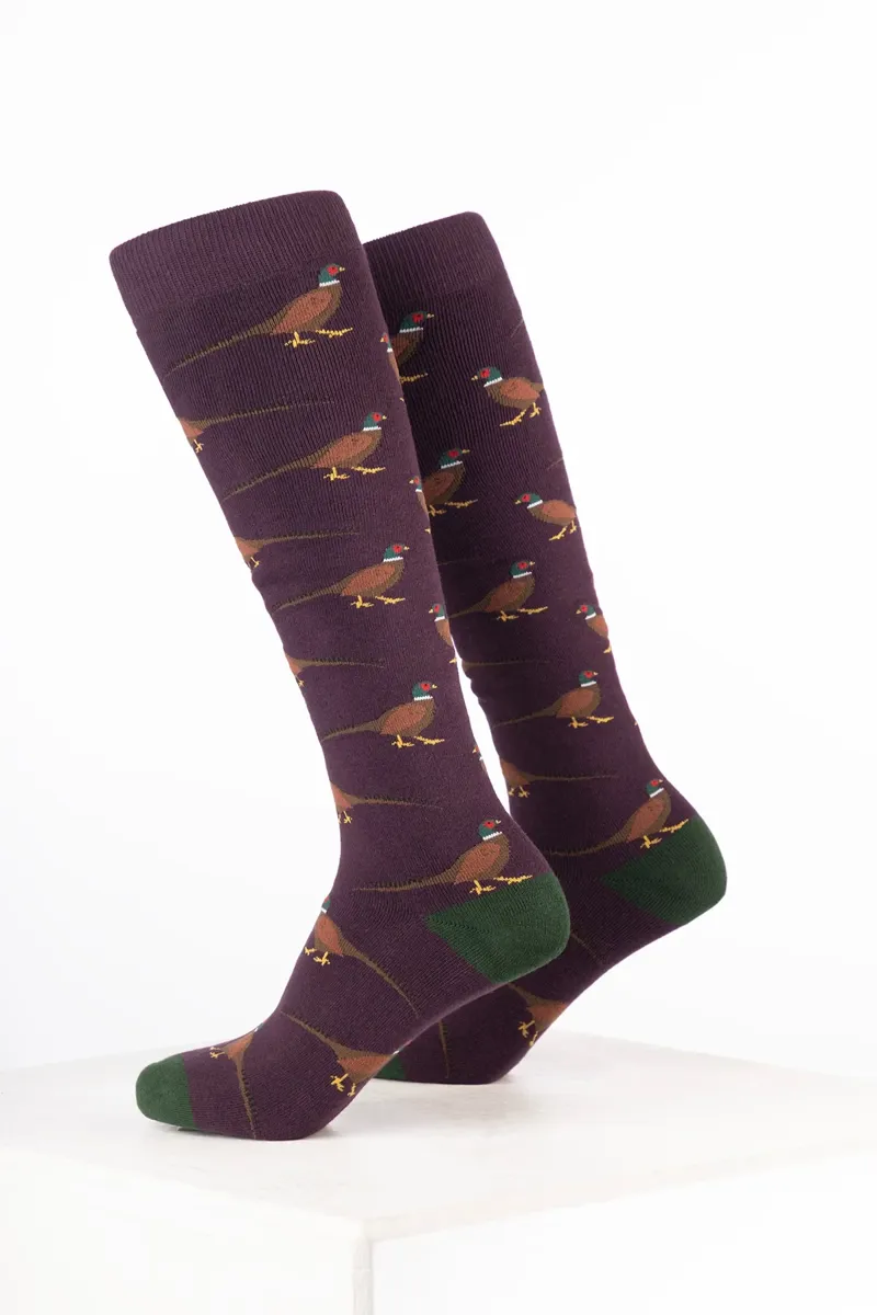 Rydale Women's Bird Welly Socks Pack of 10 - Walking Pheasant Dark Berry-1