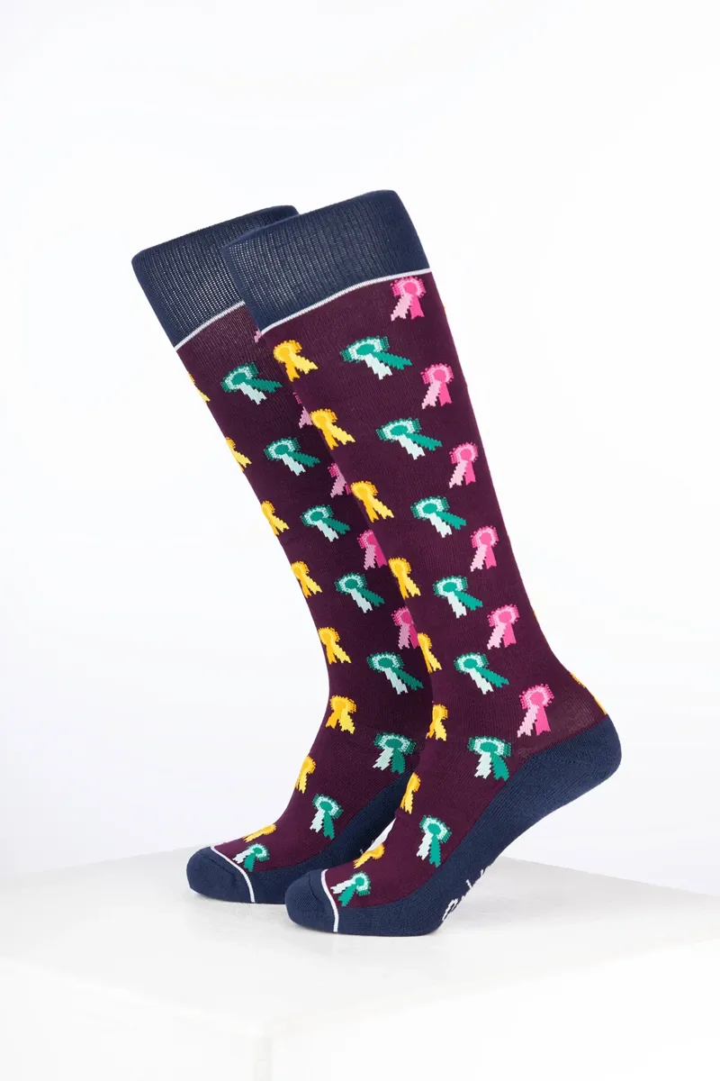 Rydale Womens Bamboo Rich Equestrian Print Riding Socks Pack of Ten - Rosette Dark Berry-1