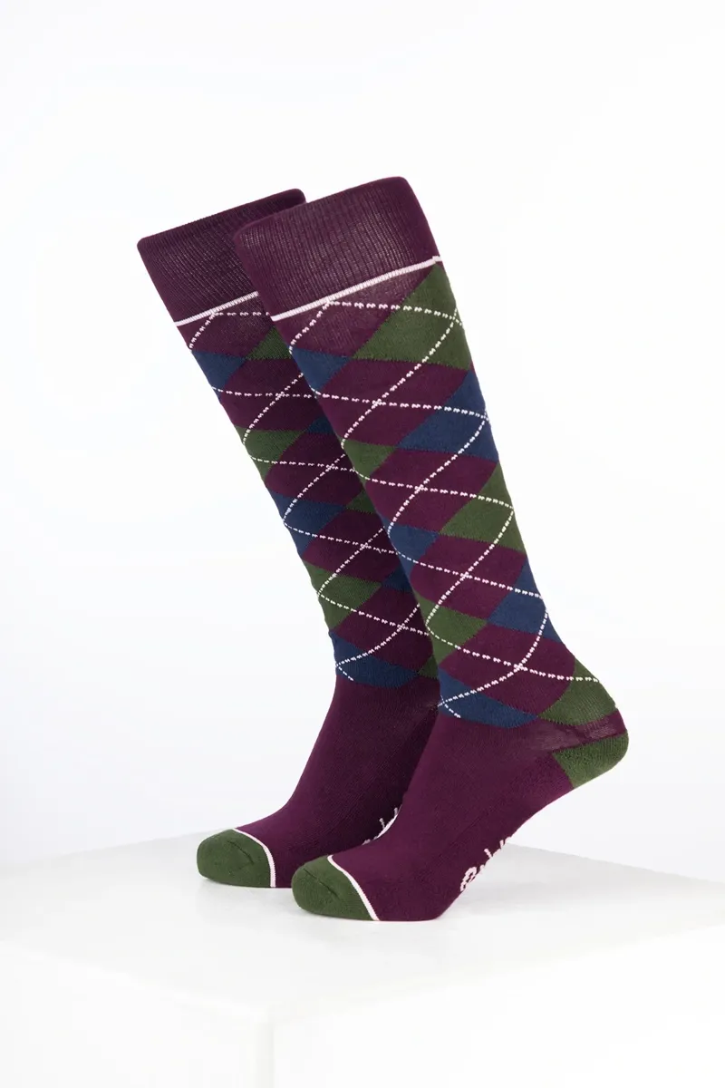 Rydale Junior Bamboo Rich Argyle Riding Socks Pack of Ten - Argyle Dark Berry/Navy/Dark Olive-1