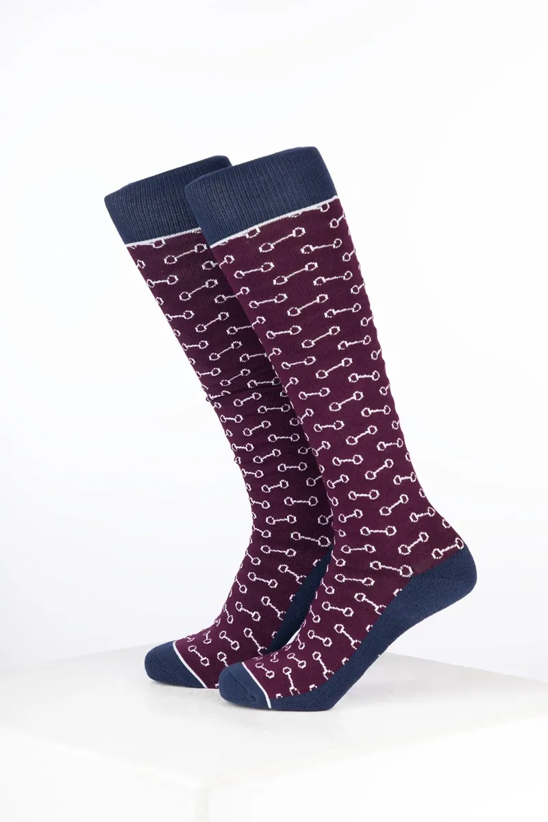 Rydale Womens Bamboo Rich Equestrian Print Riding Socks Pack of Ten - Snaffle Dark Berry-1