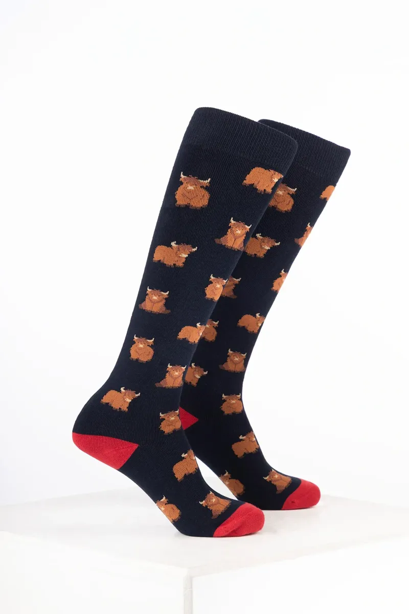 Rydale Kids Animal Welly Socks Pack of 10 - Highland Cow Navy