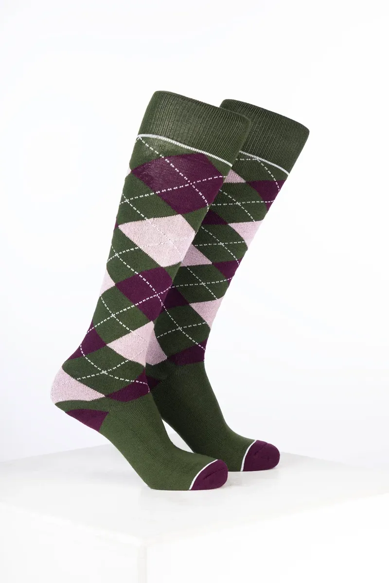 Rydale Junior Bamboo Rich Argyle Riding Socks Pack of Ten - Argyle Dark Olive/Dark Berry/Soft Pink