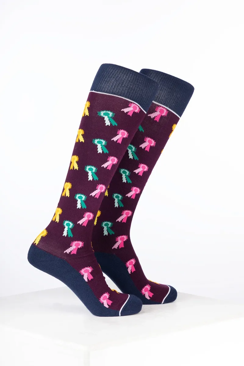 Rydale Womens Bamboo Rich Equestrian Print Riding Socks Pack of Ten - Rosette Dark Berry