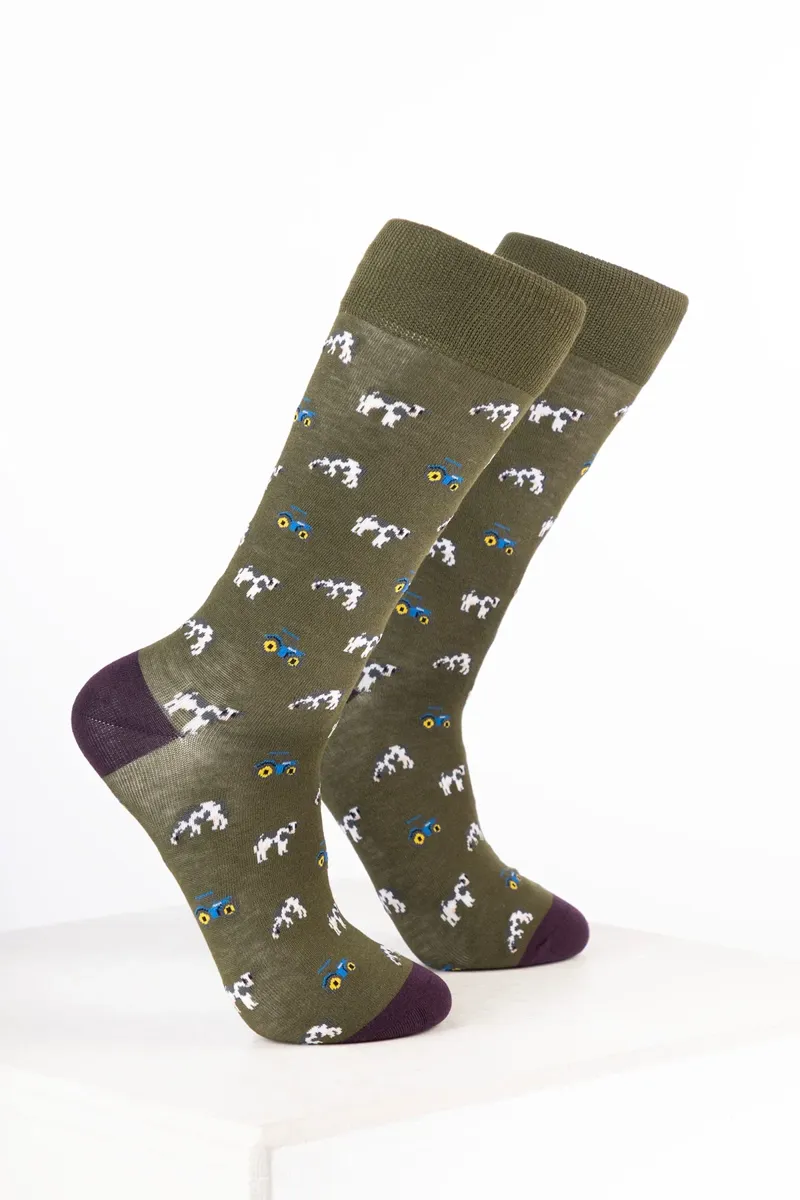 Rydale Women's Bamboo Rich Farm Ankle Socks Pack of 10 - Tractor and Cow Dark Olive