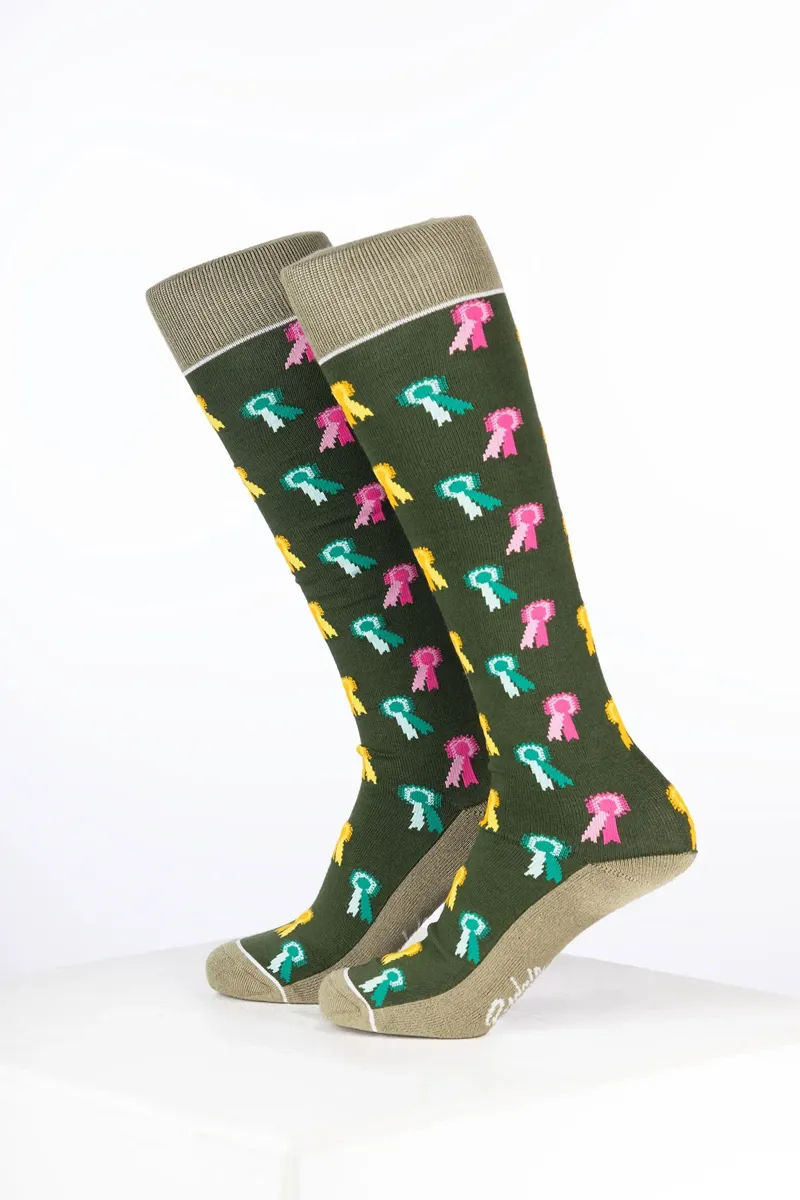 Rydale Womens Bamboo Rich Equestrian Print Riding Socks Pack of Ten - Rosette Dark Olive-1