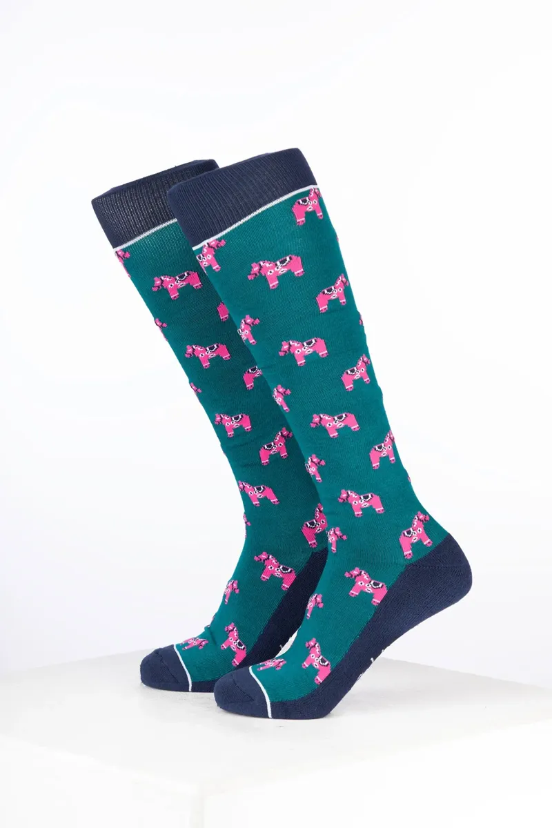 Rydale Womens Bamboo Rich Equestrian Print Riding Socks Pack of Ten - Pony Green-1