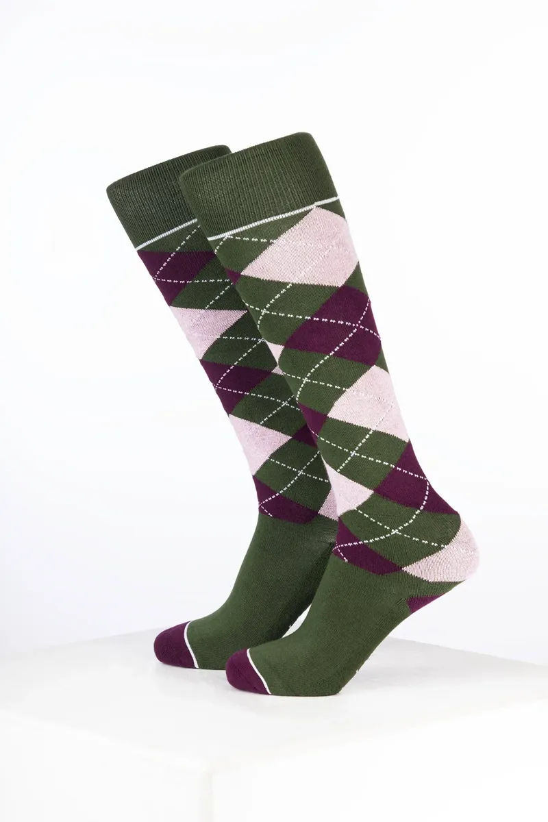 Rydale Junior Bamboo Rich Argyle Riding Socks Pack of Ten - Argyle Dark Olive/Dark Berry/Soft Pink-1