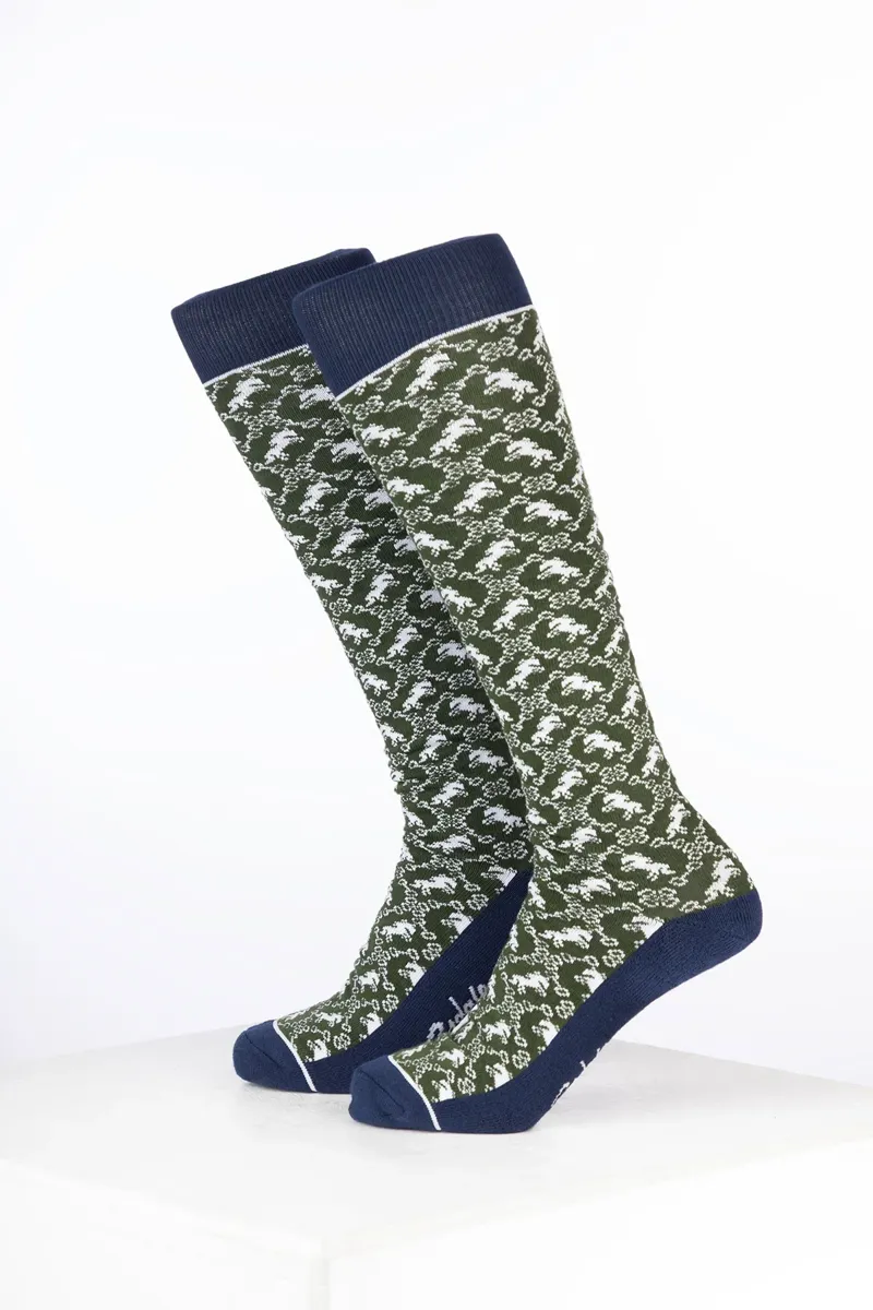Rydale Womens Bamboo Rich Equestrian Print Riding Socks Pack of Ten - Horse and Snaffle Dark Olive-1