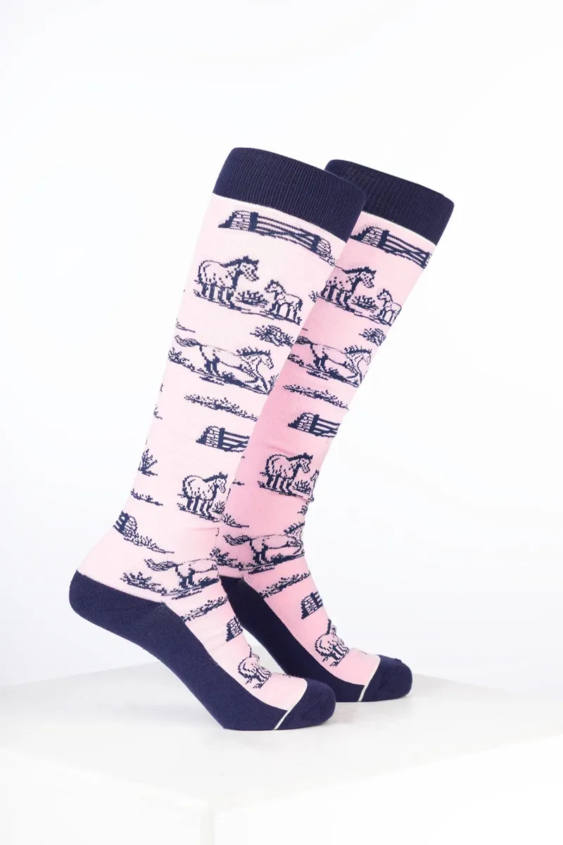 Rydale Womens Bamboo Rich Equestrian Print Riding Socks Pack of Ten - Equestrian Life Soft Pink