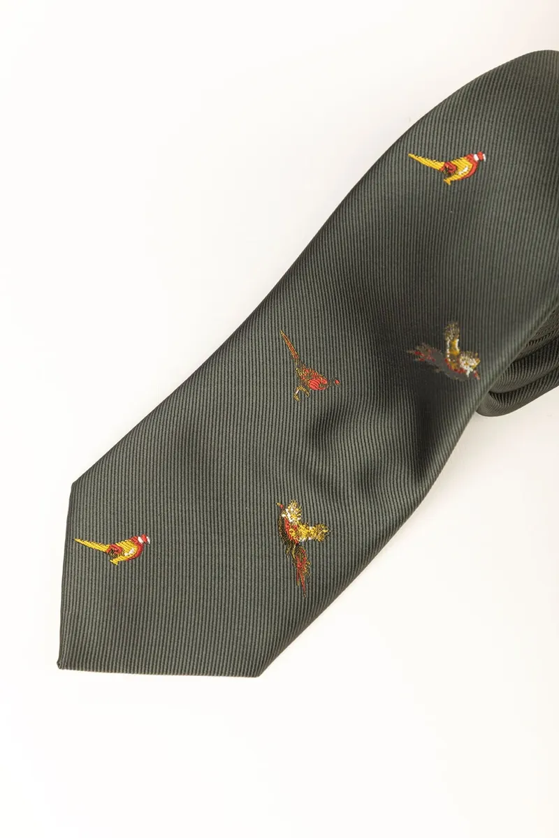 Rydale Men's Danby Flying Pheasant Shooting Tie - Multi Pheasant Olive-1