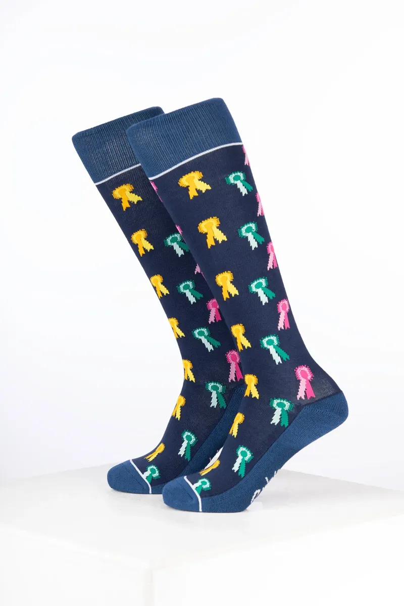 Rydale Junior Bamboo Rich Equestrian Print Riding Socks Pack of Ten - Rosette Navy-1
