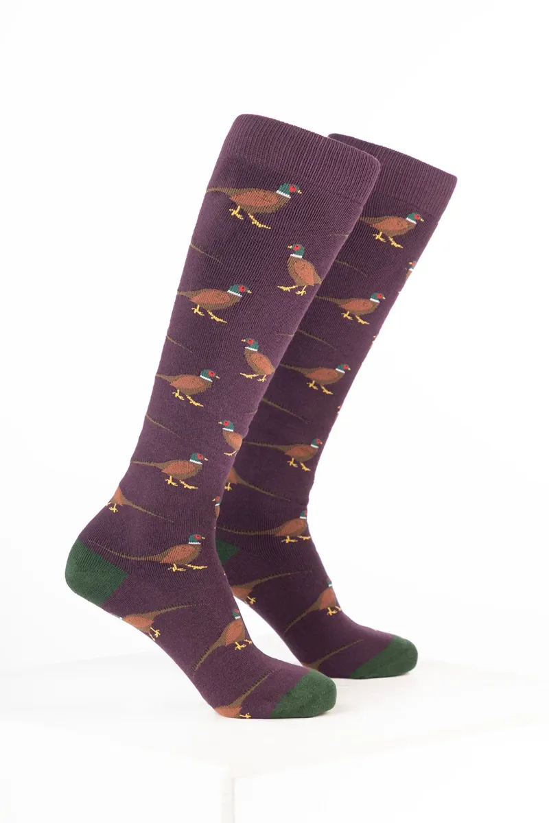 Rydale Women's Bird Welly Socks Pack of 10 - Walking Pheasant Dark Berry