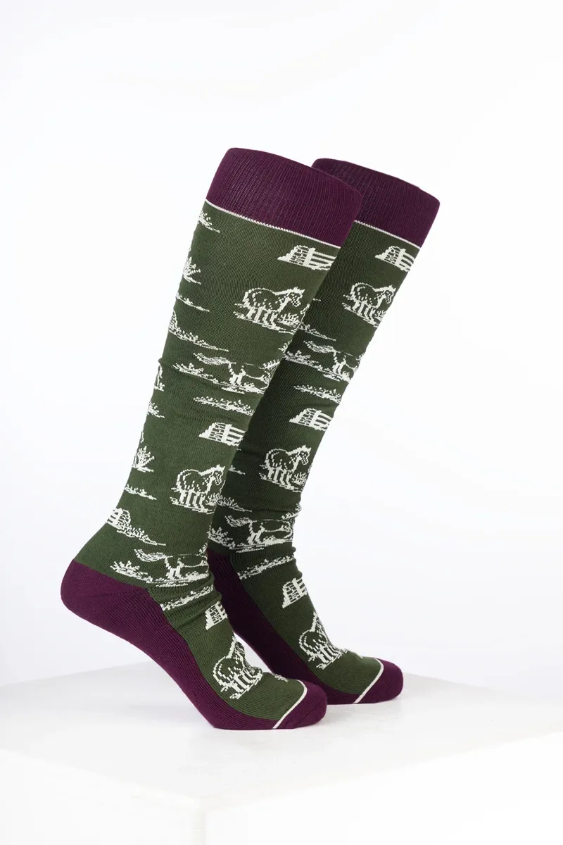 Rydale Womens Bamboo Rich Equestrian Print Riding Socks Pack of Ten - Equestrian Life Dark Olive