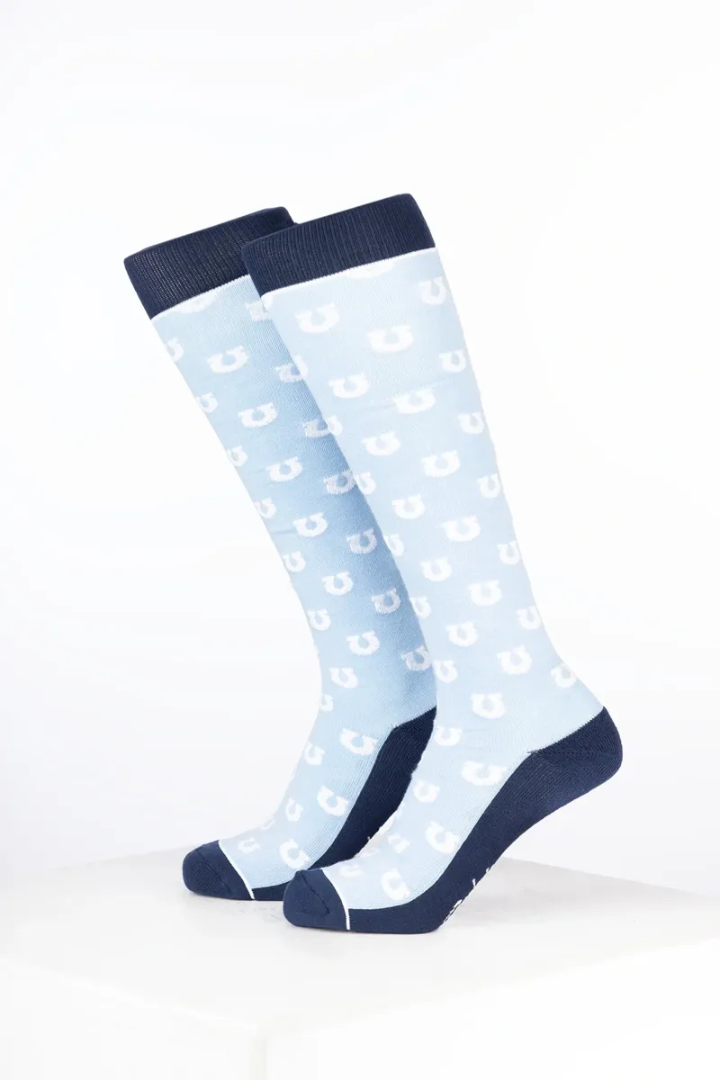 Rydale Womens Bamboo Rich Equestrian Print Riding Socks Pack of Ten - Horseshoe Soft Blue-1